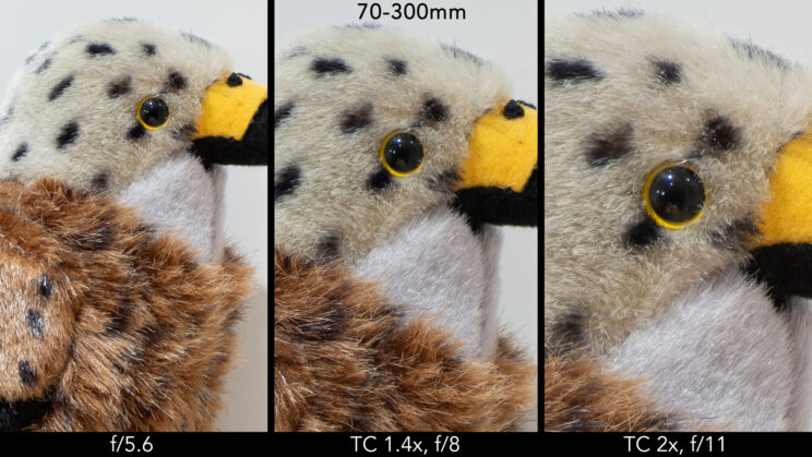 side by side image of the red kite stuffed toy, showing the difference in sharpness at 300mm and f5.6, then with the teleconverter 1.4 and 2.0
