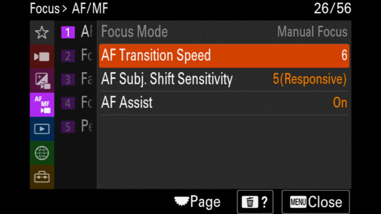 screenshot of the Sony A7 IV menu showing the AF settings for video