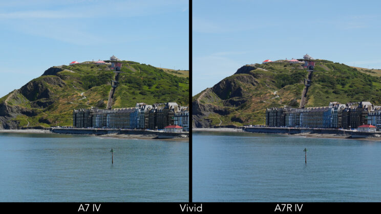 Costal town with hill and seaside, captured side by side by the A7 IV and A7R IV