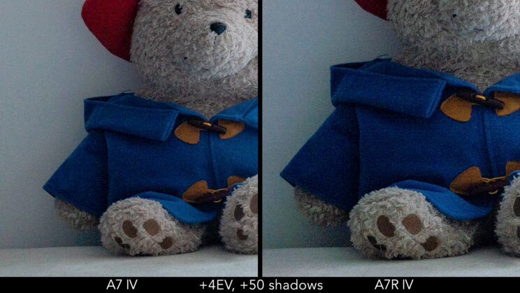 Side by side crop of the A7 IV and A7R IV, showing 4 stops shadow recovery 
