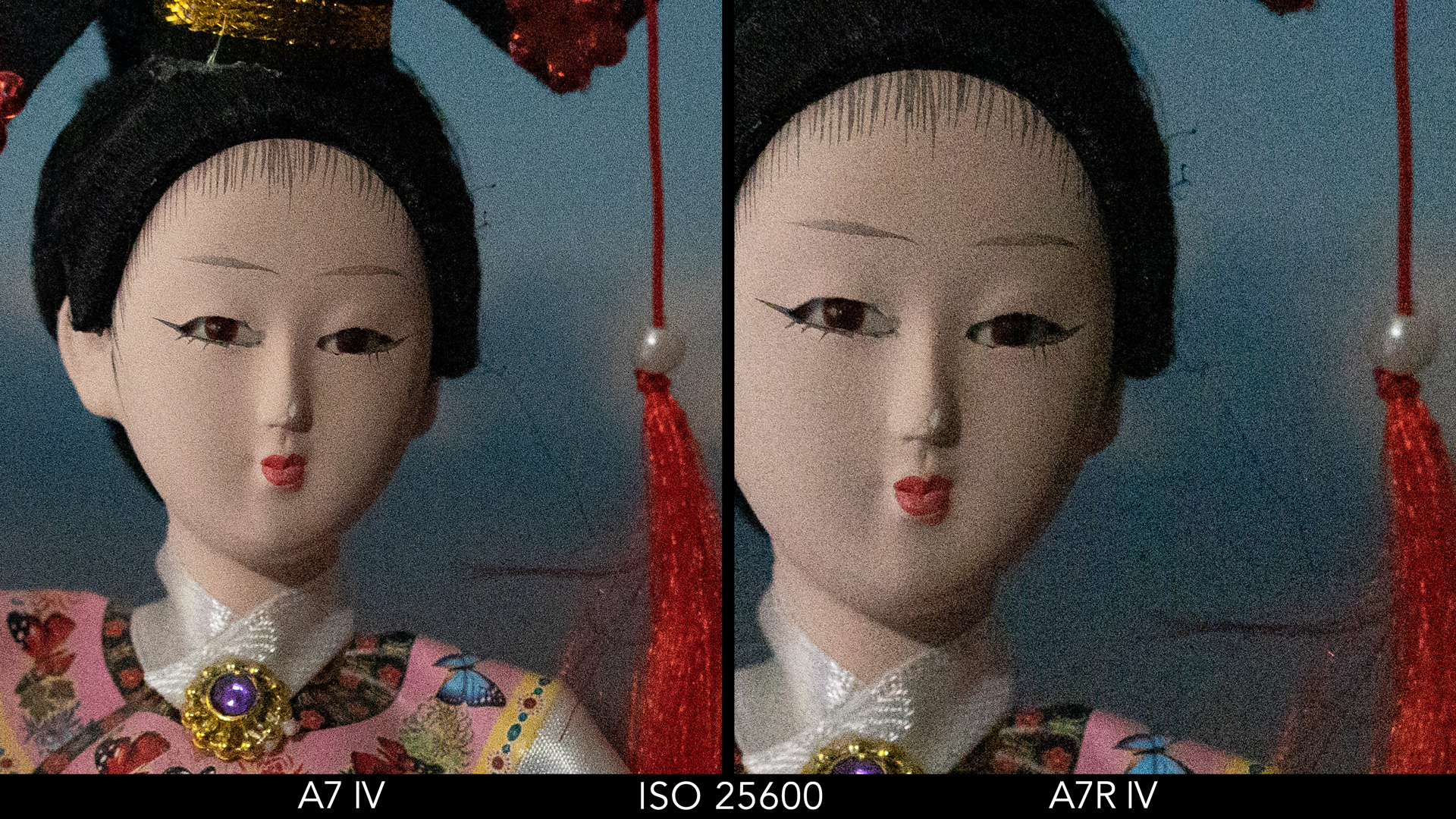 Side by side crop showing the quality at ISO 25600 for the A7 IV and A7R IV