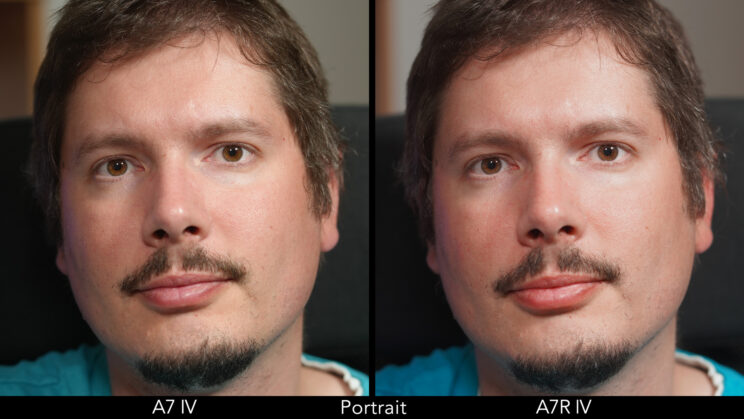 Side by side portrait of a man showing the difference in skin rendering between the A7 IV and A7R IV, using the Portrait profile