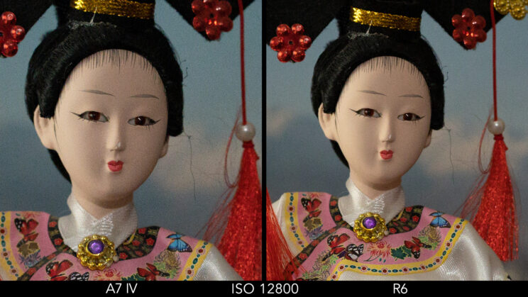 side by side crop showing the difference at ISO 12800 between the A7 IV and R6
