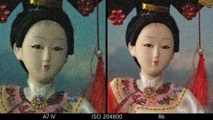 side by side crop showing the difference at ISO 204800 between the A7 IV and R6