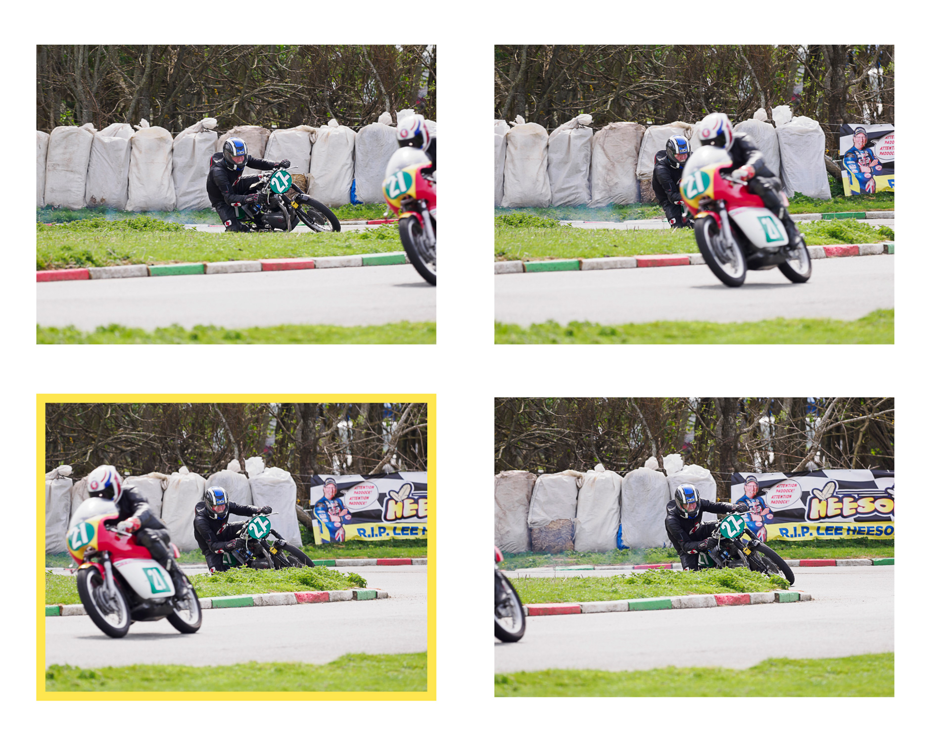 sequence of four frames with a biker racer being covered by another bike in the foreground momentarily