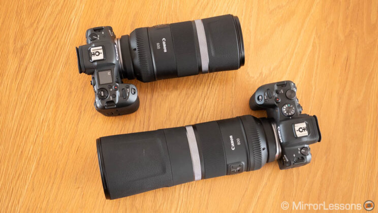 Canon R5 with 600mm F11 next to R6 with 800mm F11, without hoods
