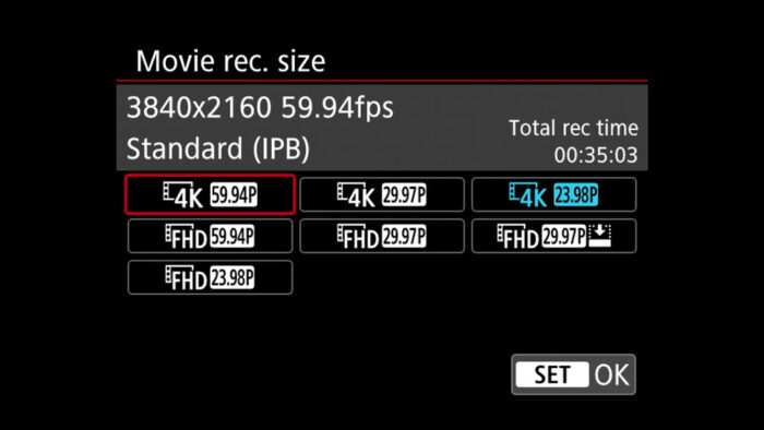 R6 video settings