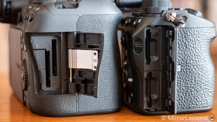 eos r5 and a7 3 side by side, view of the SD card compartment