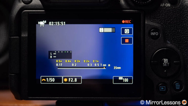 Canon R7 LCD screen showing 2 hours and 15 minutes of recording time.