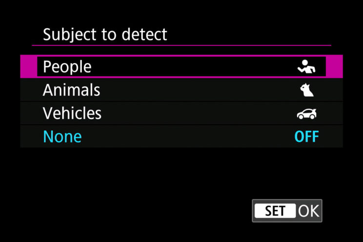 Subject detection setting on the Canon R7