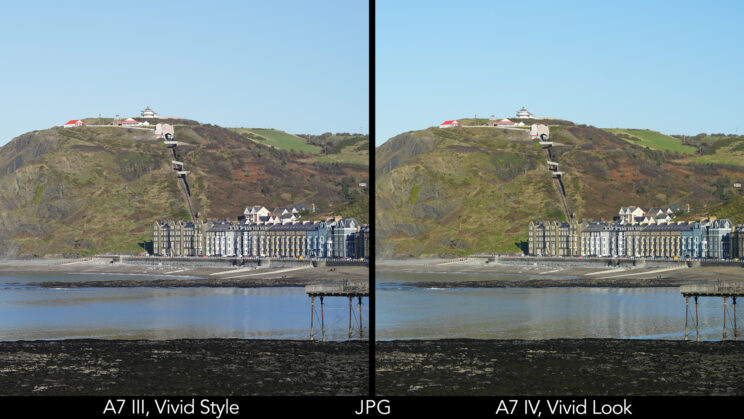 side by side image of a seaside town with big hill in the background, taken with the A7 III and A7 IV in JPG with the Vivid profile