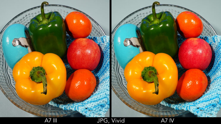side by side image of fruits and vegetables, taken with the Vivid profile on both cameras