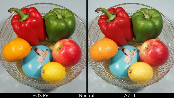 side by side images of bowl of fruit and veg shot by the two cameras with the neutral profile
