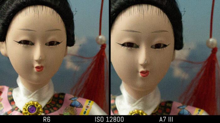 crop of the japanese doll image to show the difference in noise at 12800 ISO