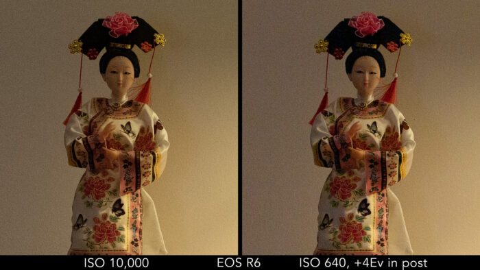 Canon EOS R6: crop on the japanese doll to show the difference in noise between the ISO 10,000 image and the ISO 640 image recovered in post