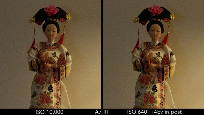 Sony A7 III: crop on the japanese doll to show the difference in noise between the ISO 10,000 image and the ISO 640 image recovered in post
