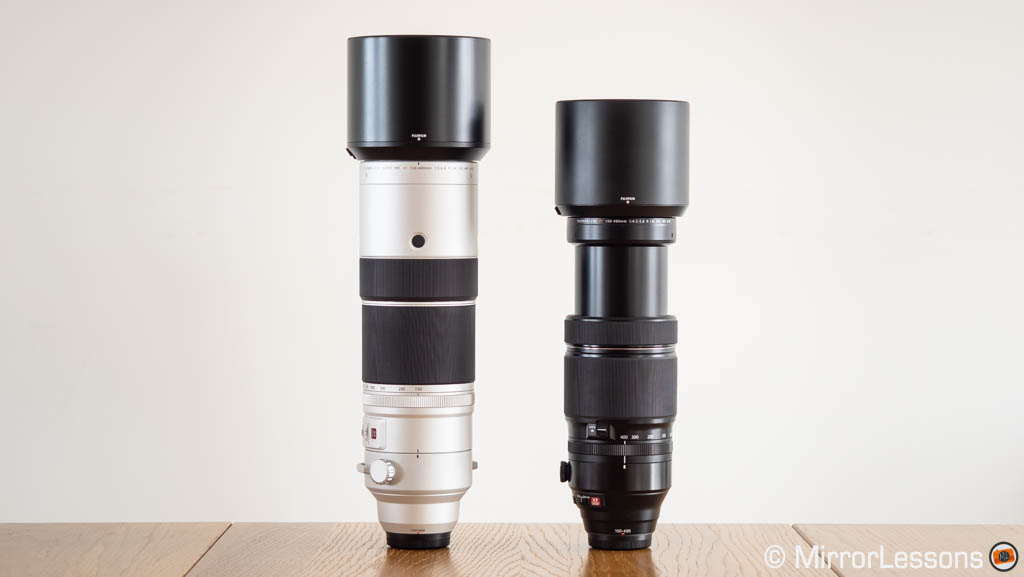 Fuji 100-400mm extended, next to the 150-600mm, with hoods