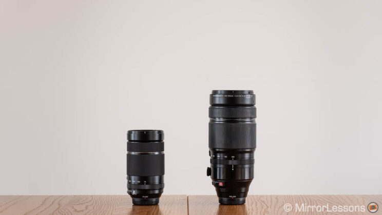 Fujifilm 70-300mm and 100-400mm side by side, retracted and with no hoods