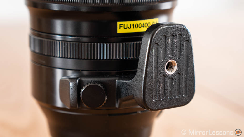 Fujifilm 100-400mm tripod mount attached to the lens
