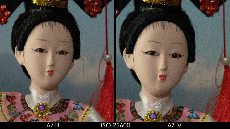 side by side crop showing the difference at ISO 25600 between the A7 III and A7 IV