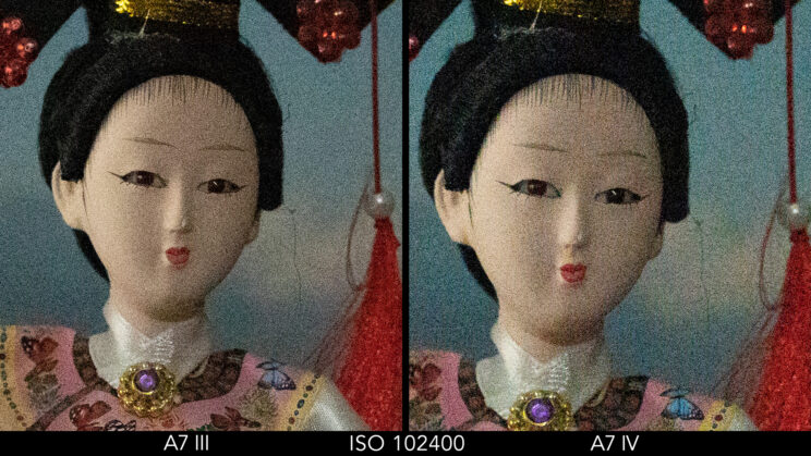 side by side crop showing the difference at ISO 102400 between the A7 III and A7 IV