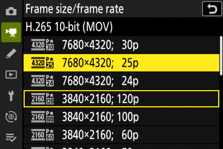 Frame size and frame rate video settings on the Nikon Z9