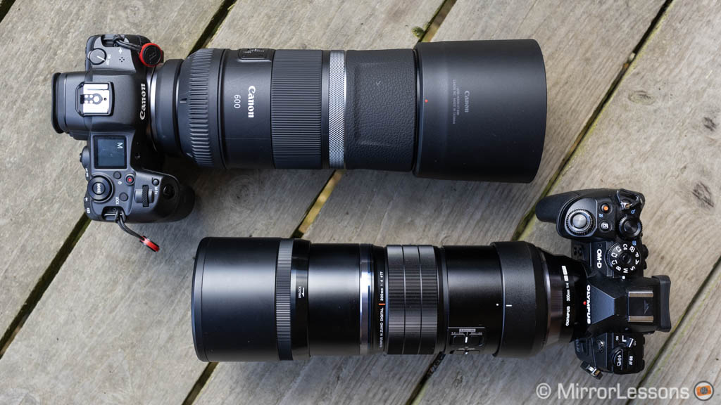Canon R5 with 600mm F11 next to E-M1 III with 300mm F4 Pro