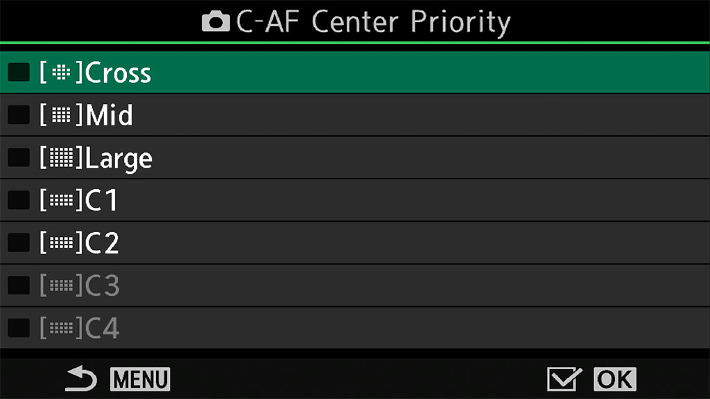 C-AF Centrer Priority setting on the OM-1