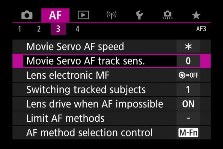 screenshot of the Canon R6 menu showing the AF settings for video