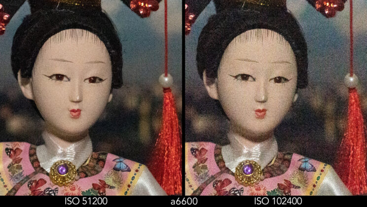 Side by side crop showing the quality at ISO 51200 and 102400 for the a6600