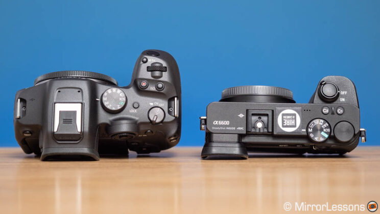 Canon R7 and Sony A6600 side by side, top view