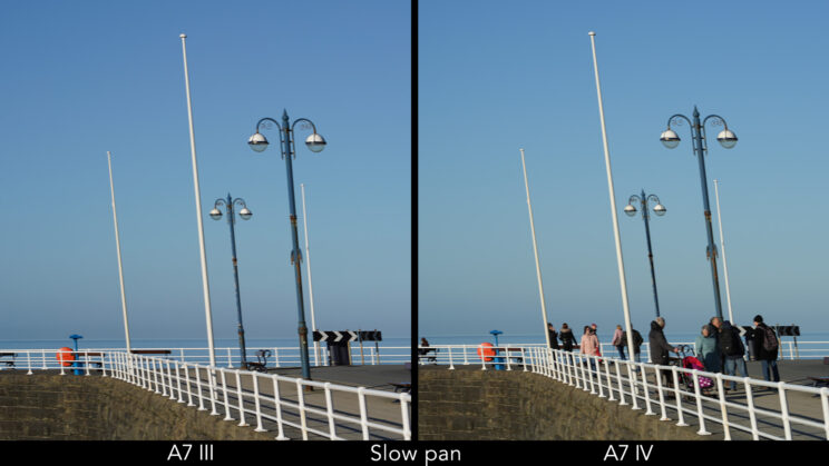 side by side comparison of a slow panning movement using the electronic shutter