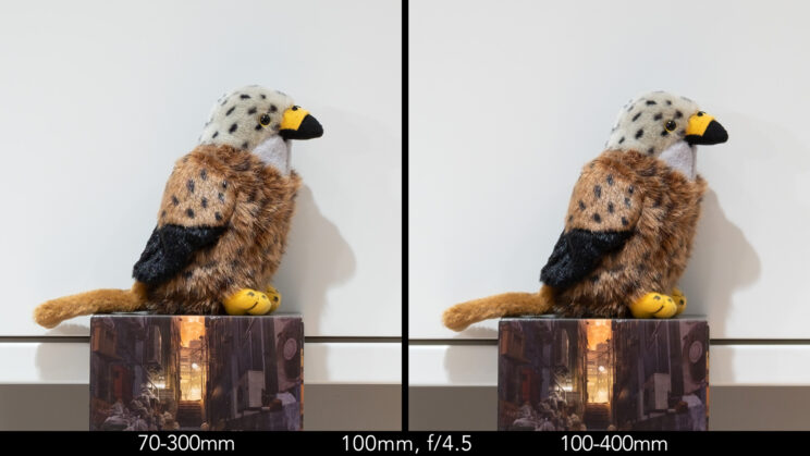 Side by side image of red kite stuffed toy showing the sharpness at 100mm and f4.5