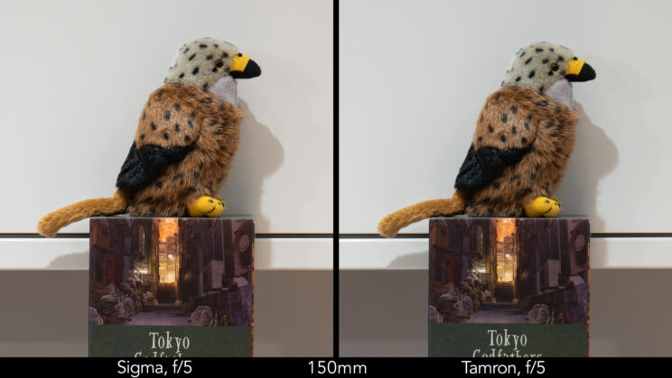 side by side image of a stuffed bird toy, showing the difference in sharpness at f/5 and 150mm