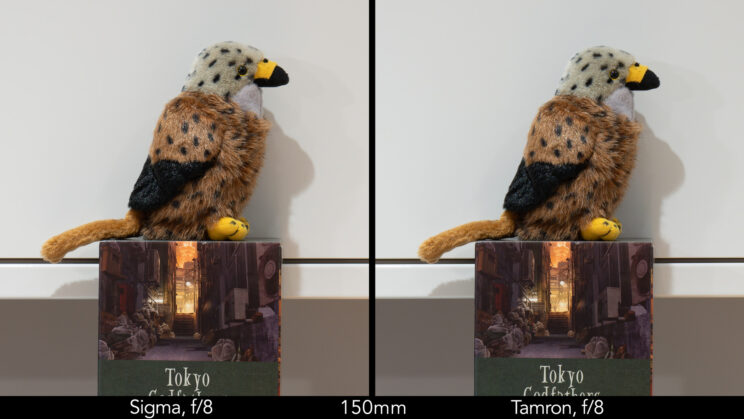 side by side image of a stuffed bird toy, showing the difference in sharpness at f/8 and 150mm
