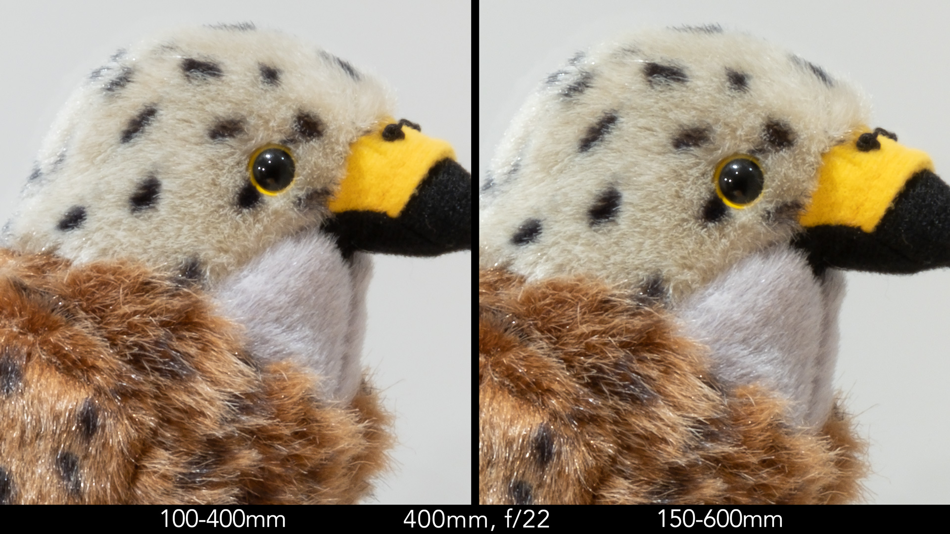 Side by side crop showing the quality of the two lenses at 400mm and F22