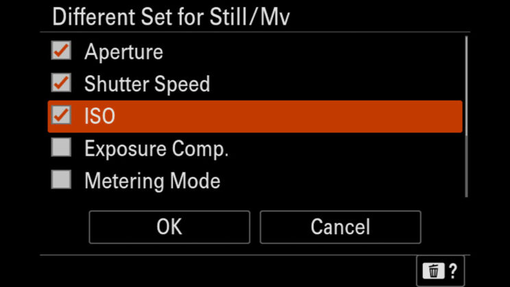 Screenshot of the function that allows you to separate still and video settings on the A7 IV
