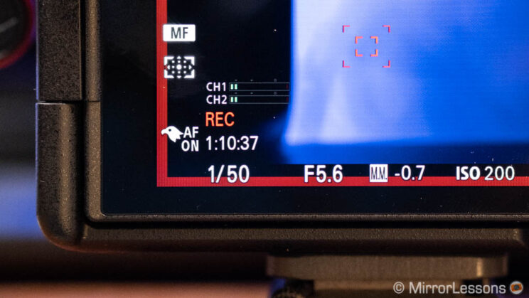 close-up on the A7 IV monitor showing uninterrupted video recording for more than an hour