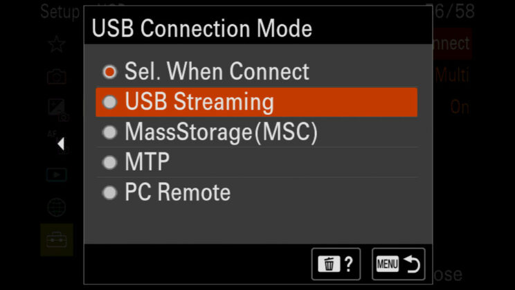 screenshot of the USB connection setting on the A7 IV