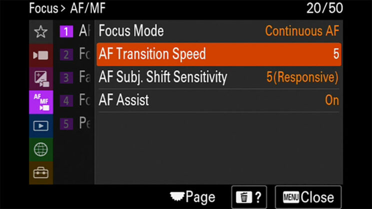 screenshot of the Sony A7 IV menu, showing the AF settings for video