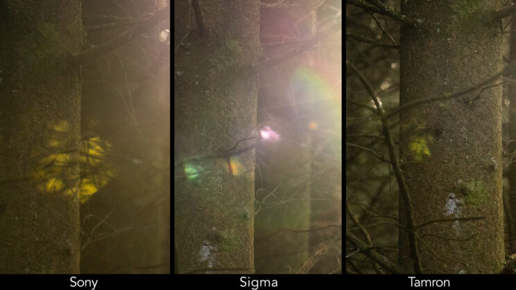 side by side image showing different levels of flare for the three lenses